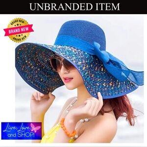 HAT: Straw Wide Brim Blue & Multi Color w/Decorative Bow, NWOT